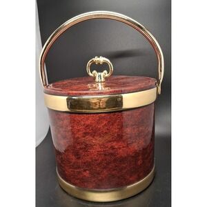 VTG Kraftware MCM Faux Tortoise Brown Marble‎ Ice Bucket Lid Handle w/Tray USA "